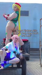 2girls animated ass bare_shoulders blonde_hair braid breasts cammy_white cammy_white_(cosplay) cosplay fingerless_gloves from_behind gloves hana_cosplay hat highleg highleg_leotard huge_ass italian_(nationality) large_breasts laughing leotard long_hair manon_legrand manon_legrand_(cosplay) multiple_girls multiple_views outdoors photo_(medium) real_life skindentation sleeveless sound street_fighter tagme thong_leotard turnaround twin_braids very_long_hair video yuriko_tiger