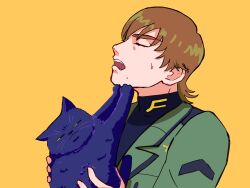 1boy animalization brown_hair cat closed_eyes gundam gundam_gquuuuuux highres jacket military_jacket military_uniform mole mole_under_mouth nyaan_(gundam_gquuuuuux) open_mouth orange_background rejection simple_background squinting sweatdrop turtleneck unchichi upper_body xavier_olivette