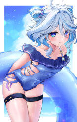 1girl :3 ahoge alternate_costume beads blue_bow blue_bowtie blue_eyes blue_hair blue_one-piece_swimsuit blue_sky bow bowtie breasts collarbone commentary covered_navel frilled_one-piece_swimsuit frills furina_(genshin_impact) genshin_impact hair_beads hair_between_eyes hair_ornament heterochromia highres holding holding_swim_ring innertube leaning_forward multicolored_hair netarou_(netarou_25) o-ring o-ring_swimsuit one-piece_swimsuit purple_pupils sky small_breasts smile solo streaked_hair swim_ring swimsuit thigh_strap two-tone_hair watermark white_hair