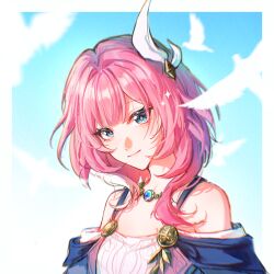 1girl bird blue_eyes blue_sky border chinese_commentary coat commentary_request cyrene_(honkai:_star_rail) day dress highres honkai:_star_rail honkai_(series) jewelry luxilbb medium_hair necklace pink_hair pink_pupils procreate_(medium) purple_coat sky smile solo upper_body white_bird white_border white_dress