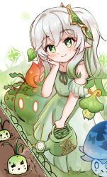 1girl absurdres alternate_costume bare_shoulders blush bright_pupils closed_mouth collarbone commentary_request dendro_slime_(genshin_impact) dress fungi_(genshin_impact) genshin_impact gradient_hair green_dress green_eyes green_hair hair_between_eyes hair_ornament hand_up head_rest highres holding holding_watering_can leaf_hair_ornament long_hair looking_at_viewer multicolored_hair nahida_(genshin_impact) ohbuya pointy_ears radish side_ponytail sleeveless sleeveless_dress slime_(genshin_impact) smile solo symbol-shaped_pupils watering watering_can white_hair white_pupils