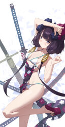 1girl absurdres aqua_trim arm_over_head arm_up bikini blue_eyes blush breasts closed_mouth collarbone commentary fate/grand_order fate_(series) feet_up hair_ornament highres kanzashi katsushika_hokusai_(fate) katsushika_hokusai_(swimsuit_saber)_(fate) long_hair looking_at_viewer navel platform_sandals purple_hair purple_sash red_shoes sandals sash sheath shoes solo stomach sukaliya swimsuit sword thighs twintails weapon white_background white_bikini