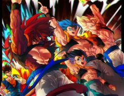 black_hair blue_eyes blue_sash closed_mouth dougi dragon_ball dragon_ball_gt dragon_ball_super earrings gloves gogeta gotenks highres jewelry long_hair male_focus metamoran_vest monkey_boy monkey_tail multiple_boys muscular muscular_male ommmyoh open_mouth pants potara_earrings red_fur saiyan sash smile spiked_hair super_saiyan super_saiyan_1 super_saiyan_4 super_saiyan_blue tail twitter_username vegetto wristband