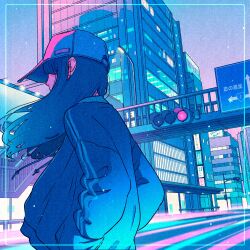 Rule 34 | 1girl, black hair, blue hat, blue jacket, blue sky, bridge, building, city, gradient sky, hands in pockets, hat, jacket, long hair, neon palette, original, pedestrian bridge, pink sky, scenery, sky, solo, stairs, streetwear, traffic light, wacca005