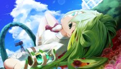 Rule 34 | absurdres, alina gray, blood, blood on face, blue sky, building, cloud, day, death, flower, green eyes, green hair, green nails, highres, magia record: mahou shoujo madoka magica gaiden, mahou shoujo madoka magica, mizusaka ney, red flower, scene reference, school uniform, sky, soul gem, suicide, tripod, video camera