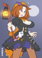 Rule 34 | 1girl, :3, absurdres, animal ears, back bow, black corset, black dress, black pantyhose, blush, bow, bowtie, brooch, collar, commentary request, corset, cowboy shot, dress, ear covers, frilled collar, frilled sleeves, frills, ghost ornament, grey background, hairband, high collar, highres, horse ears, horse girl, horse tail, jack-o&#039;-lantern brooch, jack-o&#039;-lantern ornament, jewelry, juliet sleeves, lantern, long sleeves, meisho doto (dot-o&#039;-lantern) (umamusume), meisho doto (umamusume), multicolored hair, open mouth, orange bow, orange bowtie, pantyhose, puffy sleeves, purple eyes, short hair, single ear cover, solo, soulmaster uwu, tail, two-tone hair, umamusume, white hair