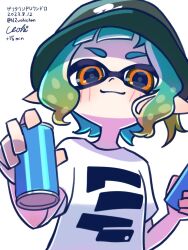 Rule 34 | 1boy, artist name, blue hair, can, closed mouth, commentary request, dated, gradient hair, green hair, green headwear, highres, holding, holding can, inkling, inkling boy, inkling player character, looking at viewer, male focus, multicolored hair, n2uohichan, nintendo, pointy ears, print shirt, shirt, short hair, simple background, smile, solo, splatoon (series), splatoon 3, tentacle hair, thick eyebrows, twitter username, two-tone hair, upper body, white background, white shirt