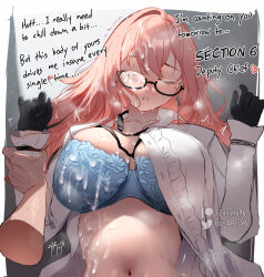 Rule 34 | 1girl, aftersex, bra, breasts, closed eyes, commentary, cum, cum on body, cum on breasts, cum on clothes, cum on upper body, english commentary, english text, glasses, hair between eyes, hetero, highres, large breasts, long hair, lying, messy hair, navel, on back, pink eyes, pink hair, shirt, sidelocks, tsukishiro yanagi, underwear, white shirt, zasshu, zenless zone zero