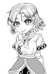 1girl arm_warmers arms_behind_back blush breasts closed_mouth commentary_request cowboy_shot greyscale highres medium_breasts mizuhashi_parsee monochrome pointy_ears scarf shirt short_hair short_sleeves simple_background skirt smile solo tongue tongue_out touhou yokozuna_iwashi