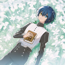 Rule 34 | 1boy, black pants, blue eyes, blue hair, book, commentary request, dark-skinned male, dark skin, field, flower, flower field, grass, hair between eyes, heke, heterochromia, holding, holding book, long sleeves, looking at viewer, lying, male focus, metaphor: refantazio, pants, protagonist (metaphor: refantazio), short hair, solo, white flower, yellow eyes