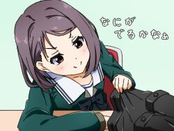 1girl 22/7 arm_on_table asymmetrical_hair black_bag black_bow black_bowtie bow bowtie green_background green_shirt grey_eyes grey_hair hiiragi_tsubomi igashiko long_sleeves looking_at_object medium_hair oekaki on_chair rokubanchou_school_uniform sailor_collar school_uniform serafuku shirt simple_background sitting smile solo v-shaped_eyebrows white_sailor_collar winter_uniform