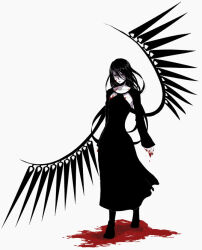 Rule 34 | 1girl, black boots, black dress, black hair, black wings, blood, blood on clothes, blood on face, blood on hands, boots, closed mouth, colored skin, dress, expressionless, full body, hair between eyes, long bangs, long hair, long sleeves, looking at viewer, pool of blood, ragnarok online, simple background, skogul, solo, standing, third-party source, tokio (okt0w0), walking, white background, white skin, wings