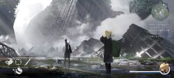 2girls :d abandoned absurdres arm_up asteroid_ill backpack bag black_coat black_footwear blonde_hair boots cityscape closed_eyes coat cornea_(asteroid_ill) day facing_another floating_hair fog from_behind gameplay_mechanics hand_in_own_hair heads-up_display health_bar highres iz_(asteroid_ill) knee_boots light_rays long_hair long_sleeves minimap moss multiple_girls open_mouth original outdoors outstretched_arm overgrown post-apocalypse puddle reflection reflective_water road robot rubble ruins scenery smile speech_bubble translation_request twintails user_interface waving white_hair wide_shot