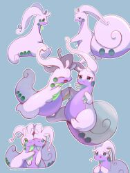 antennae blue_background blush closed_mouth creatures_(company) dragon_star213 game_freak gen_6_pokemon goodra green_eyes highres hisuian_goodra hug nintendo no_humans open_mouth pokemon pokemon_(creature) simple_background sitting smile tail twitter_username