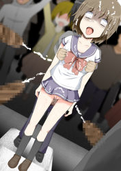 anal asphyxiation black_legwear blurry blurry_background breasts bukkake censored corpse cum dutch_angle dying ejaculation embarrased execution facing_viewer full_body grabbing_another&#039;s_breast groping hanged loafers loli masturbation medium_breasts microskirt mosaic_censoring no_panties penis public_execution punishment purple_skirt pussy school_uniform serafuku shoes short_sleeves skirt socks strangling white_eyes