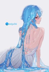 1girl back bao_(vtuber) blue_hair blush commentary dress english_commentary from_behind highres indie_virtual_youtuber long_hair looking_at_viewer looking_back miychi red_eyes shoulder_blades simple_background sitting solo sweat very_long_hair very_sweaty virtual_youtuber white_background white_dress