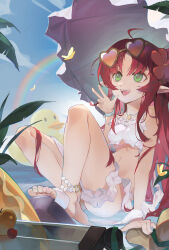 1girl :d absurdres ahoge arknights bikini chinese_commentary commentary_request eyewear_on_head frilled_bikini frills full_body green_eyes heart heart-shaped_eyewear highres loli looking_up myrtle_(arknights) myrtle_(summer_flowers)_(arknights) nlarou official_alternate_costume open_mouth parted_bangs pointy_ears rainbow red_hair rubber_duck sandals sitting smile solo swimsuit toes w white_bikini
