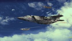 absurdres aircraft airplane blue_sky cloud fighter_jet highres military_vehicle moon no_humans original sky soviet_naval_aviation soviet_navy traditional_media user_yzmu4227 vehicle_focus yak-141