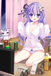 Rule 34 | 1girl, animal, bare legs, barefoot, black ribbon, blush, bottle, bow, bow panties, breasts, cat, cleavage, collarbone, curtains, food, hair between eyes, hair ornament, hair ribbon, hairclip, highres, indoors, large breasts, long hair, long sleeves, no pants, on floor, one side up, original, panties, purple eyes, purple hair, ribbon, sandwich, shiwasu horio, sitting, sleeves past fingers, sleeves past wrists, solo, sparkle, star (symbol), star hair ornament, striped clothes, striped panties, textless version, underwear, very long hair, wariza, wooden floor