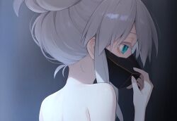 1girl bare_shoulders blue_eyes commentary deux_murasame grey_hair gundam gundam_gquuuuuux hair_bun mask mouth_mask profile sidelighting sidelocks solo tosa_harimaya upper_body