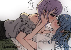 2girls apusapusino bang_dream! bang_dream!_it&#039;s_mygo!!!!! black_ribbon blue_hair blush breast_press chinese_commentary chinese_text commentary_request eye_contact frilled_shirt frills green_skirt grey_shirt hair_ribbon highres kiss long_hair looking_at_another multiple_girls off-shoulder_shirt off_shoulder open_clothes open_shirt pink_eyes pleated_skirt purple_hair ribbon shirt short_hair sidelocks skirt symmetrical_docking togawa_sakiko translation_request white_shirt yellow_eyes yuri yuutenji_nyamu