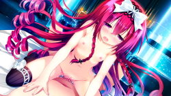 1girl bed blush braid breasts censored game_cg girl_on_top highres legs loli long_hair lying mayoeru_futari_to_sekai_no_subete_love_heaven_300_percent mosaic_censoring navel nipples nude open_mouth penis purple_eyes red_hair saliva sex sitting sitting_on_person small_breasts solo_focus tears thighs vaginal youta