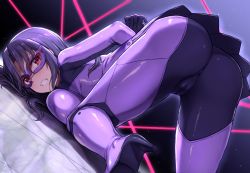 1girl arms_behind_back ass black_gloves blush bodysuit breast_press breasts cai_geng cameltoe clenched_teeth domino_mask dutch_angle female_focus gloves high_heels idolmaster idolmaster_million_live! impossible_bodysuit impossible_clothes large_breasts laser long_hair looking_at_viewer looking_back mask on_floor open_mouth purple_bodysuit purple_hair red_eyes skindentation solo takayama_sayoko teeth top-down_bottom-up trefoil v-shaped_eyebrows