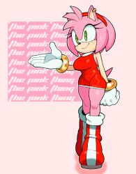 1girl alternate_breast_size amy_rose animal_ear_piercing animal_ears animal_nose boots bracelet breasts champchidi curvy dress english_text freckles full_body furry furry_female gloves gold_bracelet gold_piercing green_eyes hairband hand_up hedgehog_girl highres jewelry knee_boots large_breasts lipstick long_eyelashes makeup microdress outline pink_background pink_fur pink_hair pink_lips red_boots red_dress red_hairband short_hair short_tail sleeveless sleeveless_dress solo sonic_(series) standing striped_clothes striped_footwear tail vertical-striped_footwear white_gloves white_outline