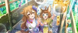 2girls :d ahoge amy_(konosuba) animal_ear_fluff animal_ears blue_flower blue_sash bow braid braided_sidelock breasts brown_eyes brown_hair child day double-parted_bangs droopy_ears fang floral_print floral_print_kimono flower from_above game_cg green_eyes green_sash hair_between_eyes hair_bow hair_flower hair_ornament hair_scrunchie highres interlocked_fingers japanese_clothes kimono kono_subarashii_sekai_ni_shukufuku_wo! konosuba!_fantastic_days large_breasts light_blush long_hair long_sleeves looking_at_object looking_up low_twintails matching_outfits medium_hair miia_(konosuba) mole mole_under_eye multiple_girls obi obidome obijime official_alternate_costume official_art open_mouth outdoors own_hands_together paw_print pointing pointing_at_object pointing_up print_kimono red_bow sash scrunchie sidelocks smile sparkle standing sunlight swept_bangs tail twintails very_long_hair white_kimono white_scrunchie wide_sleeves wind_chime yellow_kimono yukata