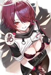 Rule 34 | 1boy, 1girl, absurdres, arknights, bar censor, black bra, black panties, black pantyhose, bra, breasts, censored, cleavage, clothes lift, detached wings, energy wings, exusiai (arknights), hair over one eye, halo, handjob, hetero, highres, interlocked mars and venus symbols, large breasts, lifting own clothes, mars symbol, orange eyes, panties, pantyhose, penis, red hair, short hair, short sleeves, skirt, skirt lift, smile, spoken symbol, suujiniku, traditional halo, underwear, venus symbol, wings, yellow halo, yellow wings