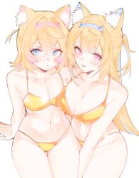 1girl absurdres animal_ear_fluff animal_ears bare_arms bare_legs bare_shoulders bikini blue_eyes blue_hair blush breasts cleavage closed_mouth collarbone commentary dog_ears dog_girl fuwawa_abyssgard gold_bikini hair_between_eyes highres hololive hololive_english horn_hairband laari_000 large_breasts long_hair looking_at_viewer medium_breasts mococo_abyssgard multicolored_hair navel open_mouth pink_eyes pink_hair short_hair siblings simple_background sisters smile stomach swimsuit twins virtual_youtuber white_background