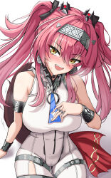 Rule 34 | 1girl, absurdres, armlet, bare shoulders, black bow, bodysuit, bow, breasts, breath, collar, commentary, earrings, english commentary, hair between eyes, hair bow, hair ornament, hairband, hand on own chest, headgear, highres, jewelry, large breasts, long hair, looking at viewer, lupa (wuthering waves), metal collar, metal hairband, multiple hair bows, open mouth, pink hair, red pupils, sekkno, simple background, sitting, smile, solo, teeth, upper teeth only, white background, white bodysuit, wrist guards, wuthering waves, yellow eyes