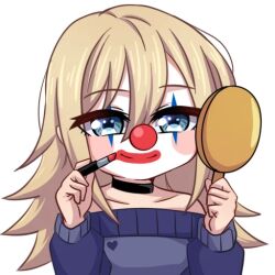 1girl applying_makeup applying_own_makeup black_choker blonde_hair blue_eyes blue_sweater blush choker clown clown_nose cosmetics facepaint hair_between_eyes henna_(hentaiukr) hentaiukr holding holding_lipstick_tube holding_mirror korzynka_persykiv lipstick_tube long_hair looking_at_self makeup mirror non-web_source off_shoulder shiny_eyes smile solo sticker sweater transparent_background