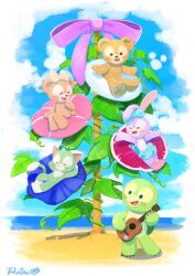 2girls 3boys animal_ears beach bear_girl bow cat_ears duffy_and_friends duffy_the_disney_bear full_body furry furry_female furry_male gelatoni green_fur guitar highres instrument looking_at_viewer multiple_boys multiple_girls olu_mel rabbit_ears rabbit_girl shelliemay shirt skirt smile standing stellalou stuffed_animal stuffed_toy takatmaorange turtle_boy