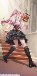 1girl absurdres black_skirt boots breasts crossover drill female_focus glasses highres highschool_of_the_dead holding holster indoors large_breasts long_hair looking_at_viewer official_art pink_hair power_tool queen&#039;s_blade queen&#039;s_blade_limit_break shirt skirt solo standing takagi_saya twintails