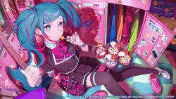 1girl 39 absurdres apple_pie argyle_clothes argyle_hat arm_at_side arm_support bandaid beamed_eighth_notes black_thighhighs blue_eyes blue_hair blue_nails blue_sweater bowl box bracelet bubble_tea buttons candy chair checkered_floor closed_mouth clothes_hanger clownfish collared_shirt colored_tips colorful commentary_request diagonal-striped_clothes diagonal-striped_necktie diagonal-striped_ribbon double-breasted drawing_(object) drink drinking_straw duct_tape egg eighth_note electric_guitar expressionless eyelashes eyepatch fangs fender_stratocaster fingernails fish fisheye flat_chest floor folding_chair food foot_out_of_frame frilled_cuffs frilled_skirt frilled_sleeves frills from_above fruit gem_(symbol) gold_trim green_jacket group_name guest_art guitar gummy_bear hand_up hat hatsune_miku heart heart_eyepatch highres hinomori_shiho holding holding_candy holding_food holding_lollipop holding_plectrum hood hood_down hooded_jacket horns hoshino_ichika_(project_sekai) indoors instrument jacket jester_cap jewelry knees_together_feet_apart kotatiyu layered_skirt leo/need_(project_sekai) leo/need_miku letterman_jacket loaded_interior locker lollipop long_hair looking_at_viewer looking_up miku_day moccasins mochizuki_honami monster multicolored_hair musical_note neck_ribbon neck_ruff necktie noodles official_art on_ground origami paper paper_crane paperclip paperclip_hair_ornament phenny_(project_sekai) pie pie_slice pill pink_eyes pink_ribbon pink_shoes pink_skirt pink_theme pink_wings plaid_clothes plaid_skirt plaid_wrist_cuffs plectrum polka_dot polka_dot_ribbon pom_pom_(clothes) project_sekai purple_ribbon ramen red_jacket red_necktie red_ribbon ribbon rubber_duck shadow shirt shoelaces shoes shooting_star short_sleeves sidelocks sign single_horizontal_stripe single_wrist_cuff sitting skirt sneakers solo sparkle star_(symbol) sticker strawberry strawberry_milk streaked_hair striped_clothes striped_necktie striped_ribbon studded_bracelet stuffed_animal stuffed_dog stuffed_phoenix stuffed_toy sweater swept_bangs tenma_saki thighhighs third_eye triple_horizontal_stripe twintails two-tone_hair two-tone_headwear two-tone_skirt umbrella vocaloid white_shirt white_shoes wing_collar wings wrist_cuffs yakisobapan yellow_jacket zettai_ryouiki