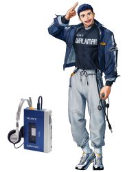 1boy black_hair black_shirt blue_jacket ear_piercing fashion full_body grey_pants hand_up headphones highres holding holding_headphones jacket jewelry male_focus open_clothes open_jacket open_mouth original pants personification piercing print_shirt ring rinotuna shirt short_hair simple_background smile solo sony standing walkman white_background