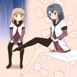 2girls 7001 blonde_hair blue_hair braid clothes_pull dressing envy furutani_himawari layered_sleeves legs long_hair long_sleeves multiple_girls oomuro_sakurako pantyhose pantyhose_pull school_uniform serafuku short_over_long_sleeves short_sleeves single_thighhigh sitting standing thighhighs twin_braids yuru_yuri