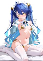 1girl ahoge amamiya_kokoro bare_shoulders bell bikini blue_hair blush colored_inner_hair covering_own_mouth detached_collar detached_sleeves frilled_bikini frills gold_bikini hair_bell hair_ornament highres jingle_bell kurokku_(ohuro_ni_deer) long_hair long_sleeves looking_at_viewer maid maid_bikini maid_headdress multicolored_hair navel neck_bell nijisanji side-tie_bikini_bottom simple_background sitting solo stomach swimsuit thighhighs two_side_up unconventional_maid very_long_hair virtual_youtuber white_background white_thighhighs x_hair_ornament yellow_eyes
