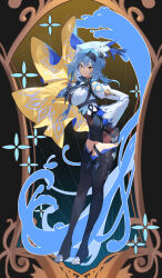 1girl absurdres arm_up black_background black_boots black_hairband blue_gloves blue_necktie boots border breasts cape chest_harness clothing_cutout eula_(genshin_impact) from_side full_body genshin_impact gloves hair_ornament hairband hand_on_own_hip harness highres large_breasts leaning_forward long_sleeves looking_at_viewer medium_hair necktie ornate_border ramuri shoulder_cutout side_cape sidelocks smile solo standing thigh_boots white_sleeves wide_sleeves yellow_cape yellow_eyes