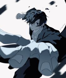 Rule 34 | 1boy, azami soushirou, black hair, clenched hand, closed mouth, collared shirt, ear piercing, earrings, gorira (2525gorillachan), hair over one eye, highres, jewelry, kagurabachi, looking at viewer, male focus, one eye covered, piercing, shirt, simple background, solo, stud earrings, twitter username, upper body, white shirt
