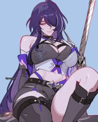 Rule 34 | 1girl, acheron (honkai: star rail), black boots, black shirt, black shorts, boots, breasts, cleavage, closed mouth, detached sleeves, hair over one eye, highres, honkai: star rail, honkai (series), knee up, large breasts, long hair, multicolored shirt, navel, pomuya, purple eyes, purple hair, purple shirt, shirt, shorts, sitting, solo, white shirt