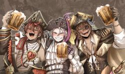 3boys alcohol arm_around_shoulder ascot bandaged_torso bandages beer_mug bicorne black_choker black_coat black_eyeshadow black_gloves black_hair blue_hair blush brown_hair chain choker closed_eyes coat commentary cup drunk earrings english_commentary eyepatch eyeshadow first_stage_production frilled_shirt frills full-face_blush gale_galleon gavis_bettel gavis_bettel_(2nd_costume) gloves gold_collar gradient_skin grey_hair grin hair_between_eyes hand_chains happy hat highres holding holostars holostars_english jewelry kuro_kurenai kuro_kurenai_(2nd_costume) long_hair looking_at_viewer makeup male_focus medium_hair mug multicolored_hair multiple_boys multiple_rings open_mouth outline pink_hair pirate pirate_hat rainycoffeebean red_hair ring shirt simple_background single_off_shoulder smile streaked_hair twitter_username two-sided_coat two-sided_fabric undone_ascot upper_body virtual_youtuber vshojo white_hair white_outline white_shirt