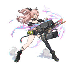 1girl bare_shoulders black_boots black_shorts black_thighhighs boots breasts cleavage denim denim_shorts earrings full_body green_eyes holding holding_weapon jewelry kinokare long_hair nicole_demara pink_hair short_shorts shorts simple_background single_thighhigh solo strapless thighhighs tube_top weapon white_background white_tube_top zenless_zone_zero