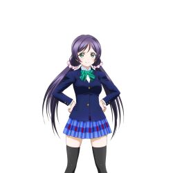 1girl anime_coloring black_socks black_thighhighs blazer blue_jacket blue_skirt blush bow bowtie diagonal-striped_bow diagonal-striped_bowtie diagonal-striped_clothes dress_shirt feet_out_of_frame green_bow green_bowtie green_eyes hair_ornament hair_scrunchie hands_on_own_hips hirayama_madoka jacket legs_apart long_hair long_sleeves looking_at_viewer love_live! love_live!_school_idol_festival love_live!_school_idol_project miniskirt official_art otonokizaka_school_uniform pink_scrunchie plaid_clothes plaid_skirt pleated_skirt purple_hair school_uniform scrunchie shirt skindentation skirt smile socks solo standing striped_clothes thighhighs tojo_nozomi transparent_background twintails white_shirt winter_uniform