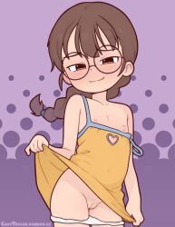 blush borrowed_character bottomless braid casytay clothes_lift dress dress_lift glasses highres loli long_hair mesugaki mesugaki_(orenji) panties panty_pull pussy smile uncensored underwear white_panties