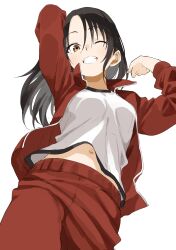 1girl absurdres arm_behind_head arm_up black_hair breasts brown_eyes commentary_request from_below grin gym_shirt hair_between_eyes hand_up highres jacket long_hair looking_at_viewer manemane_nichinichi medium_breasts nagisa_akane navel open_clothes open_jacket pants red_jacket red_pants shirt simple_background smile solo track_jacket track_pants track_suit white_background white_shirt yamamoto_souichirou