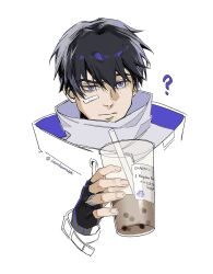 1boy ? bandaid bandaid_on_cheek bandaid_on_face black_gloves black_hair blue_eyes bubble_tea closed_mouth commentary cropped_arm cropped_shoulders cup drink drinking_straw english_commentary fingerless_gloves gloves high_collar highres holding holding_cup iamkumaaa iso_(valorant) jacket male_focus popped_collar short_hair simple_background solo twitter_username two-sided_fabric uneven_eyes valorant white_background white_jacket