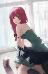 +++ 1girl absurdres back bare_shoulders black_bow black_jacket blurry blurry_background blush bocchi_the_rock! bow braid breasts commentary day dress drinking_straw fang green_dress hair_bow highres hiroi_kikuri jacket jianjia juice_carton long_hair looking_back medium_breasts open_mouth pink_eyes pink_hair skin_fang smile solo strap_slip