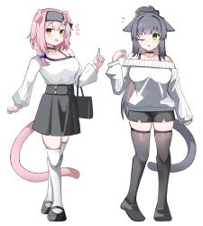 2girls :d ;o absurdres alternate_costume animal_ears arknights black_choker black_hair black_hairband black_shoes black_shorts black_skirt black_tail black_thighhighs blush bow breasts bright_pupils choker collarbone flying_sweatdrops full_body goldenglow_(arknights) green_eyes hair_bow hairband hand_up high-waist_skirt highres index_finger_raised jessica_(arknights) long_hair long_sleeves looking_at_viewer medium_breasts medium_hair multicolored_hair multiple_girls notice_lines off_shoulder one_eye_closed open_mouth pink_hair pink_tail purple_bow shirt shirt_tucked_in shoes short_shorts shorts simple_background single_sleeve_past_wrist skirt smile spam_(spamham4506) standing streaked_hair sweater tail thighhighs white_background white_pupils white_shirt white_sweater white_thighhighs zettai_ryouiki